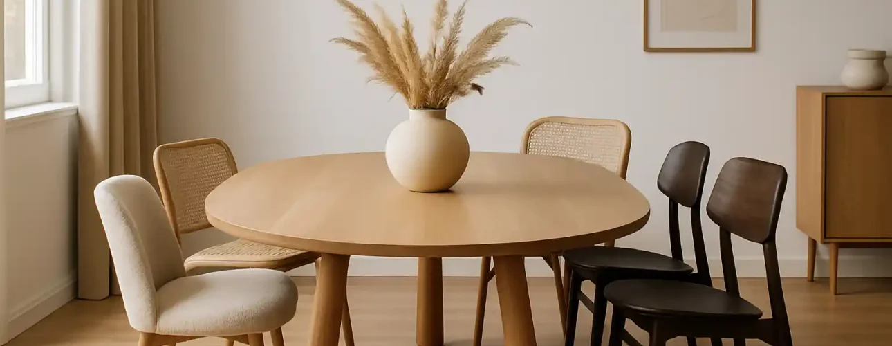 Een moderne eetkamer met een ronde houten tafel - perfect als je je afvraagt: "Wat is de trend in eettafels?". Gemengde lichte en donkere stoelen, een witte vaas met pampagras, hanglampen en een minimalistische inrichting maken de stijlvolle look compleet.