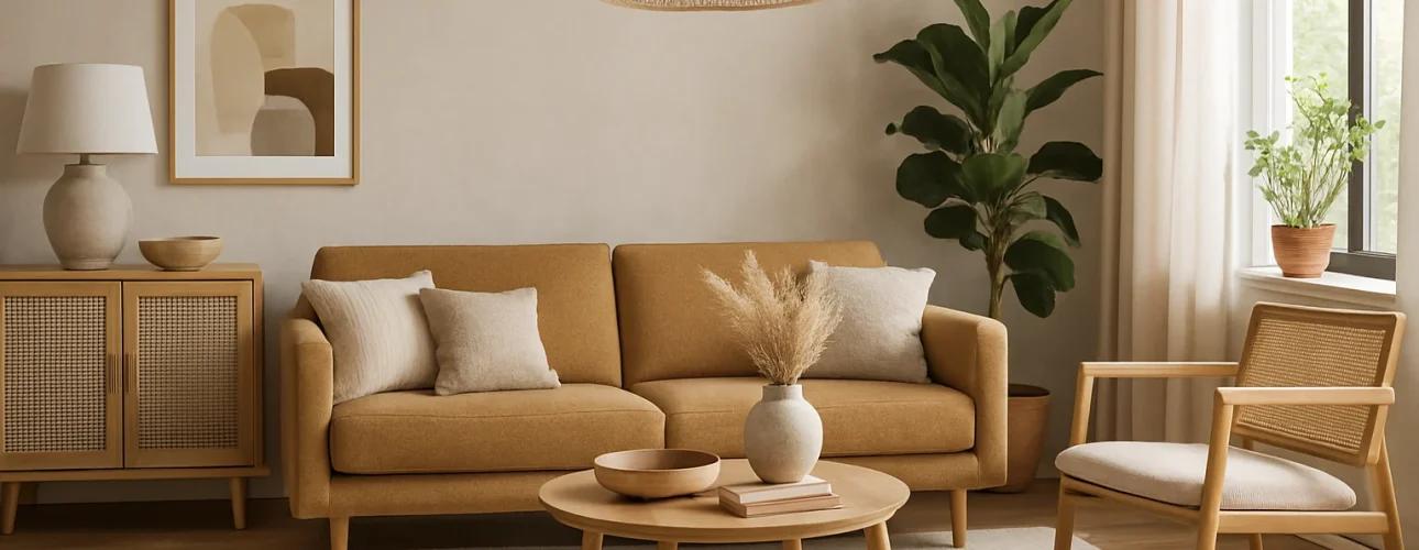 Een gezellige woonkamer met een bruine bank, neutrale kussens, houten salontafel, fauteuil, dressoir, abstracte muurkunst, grote plant en een geweven lamp - wat de trend is in meubels - baadt in natuurlijk licht van een nabijgelegen raam.