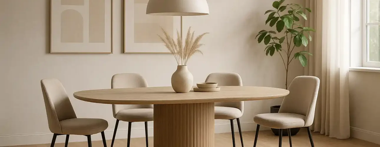 Een moderne eetkamer met een lichthouten ovale tafel - een perfect antwoord op "Wat is de trend voor eetkamertafels"- vier beige stoelen, een vaas van pampagras, abstracte kunst, een grote hanglamp, een potplant en neutrale gordijnen.