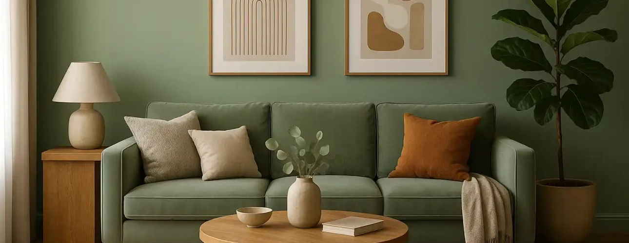 Een gezellige woonkamer heeft een saliegroene bank-de trendkleur voor interieurs-met verschillende kussens, een ronde houten salontafel met decor, ingelijste abstracte kunst op de groene muur, een potplant, bijzettafel en zachte natuurlijke verlichting.