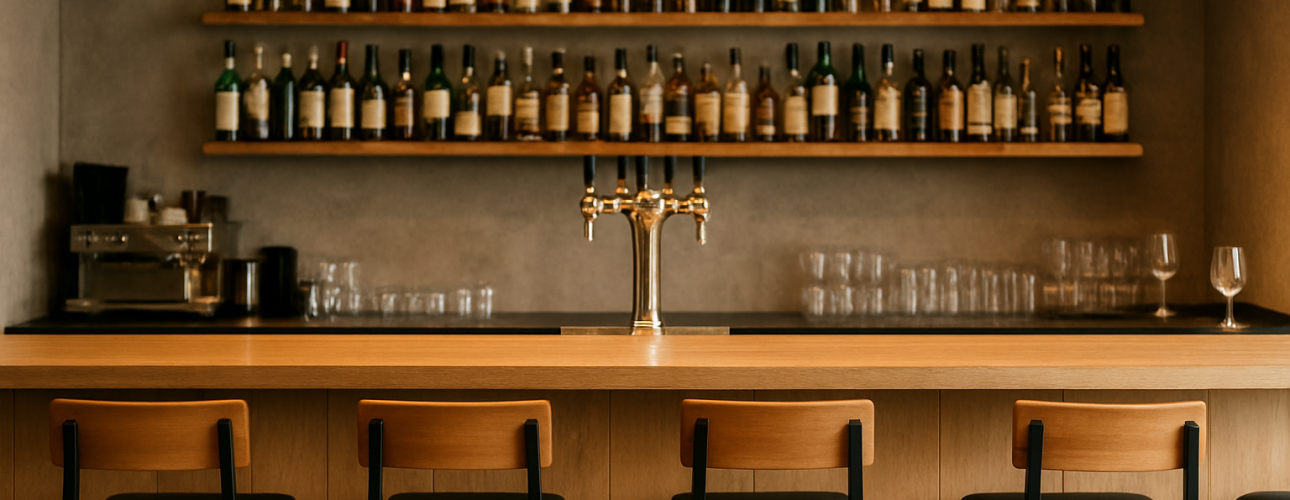 Een moderne bar met typische barhoogte houten krukken, een lichthouten toonbank, planken met drankflessen, hanglampen en een tap in het midden. Het glaswerk staat netjes gerangschikt op het aanrecht.