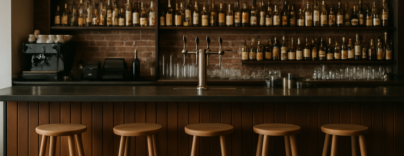 Een gezellige bar met vier houten krukken op een toonbank van typische hoogte van een bar, planken vol flessen erachter, een koffiezetapparaat links en twee grote hanglampen die erboven hangen.