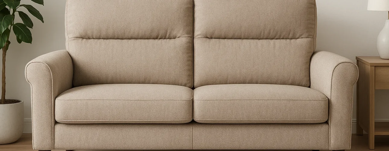 Een beige gestoffeerde bank met twee zitkussens en armleuningen staat op een licht vloerkleed. Links staat een potplant en rechts een houten bijzettafel met een lamp, wat uitnodigt tot de vraag: wat is het verschil tussen een salontafel en een bijzettafel?.