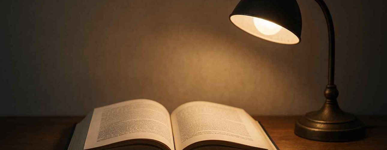 Open boek op houten tafel, verlicht door een zwarte bureaulamp. Zachte, warme belichting creëert een gezellige sfeer. Ideaal voor design woonkamer.