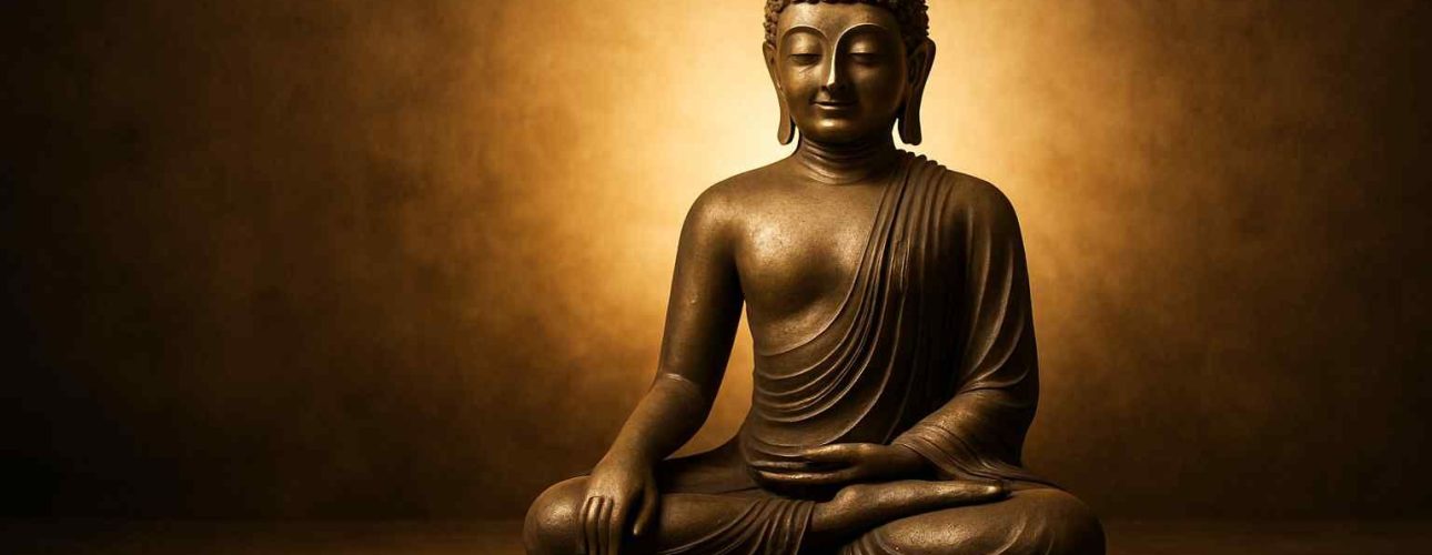 Bronzen Boeddhabeeld in lotushouding, zachte verlichting. Gouden achtergrond zorgt voor een rustgevende sfeer in de woonkamer.