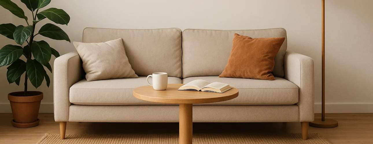 Een minimalistische woonkamer met een beige bank, twee kussens, een ronde houten salontafel - perfect om een mok of open boek op te zetten, net als de functie van een bijzettafel in huis - een staande lamp, een plant in potten en een geweven vloerkleed op een lichthouten vloer.