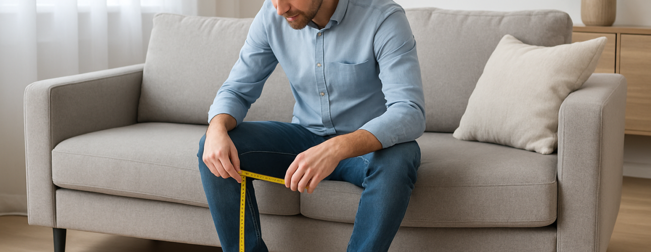 Een man zit op een grijze bank en meet geconcentreerd met een geel meetlint de comfortabele zithoogte van de zitting tot de vloer. De kamer is licht met een minimalistische inrichting en een kussen naast hem.