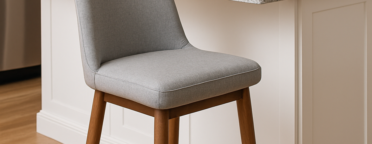 Een moderne keuken met een licht houten vloer, witte kasten en een granieten aanrechtblad. Een grijs gestoffeerde aanrechtstoel met houten poten en een metalen voetsteun staat voor het kookeiland.