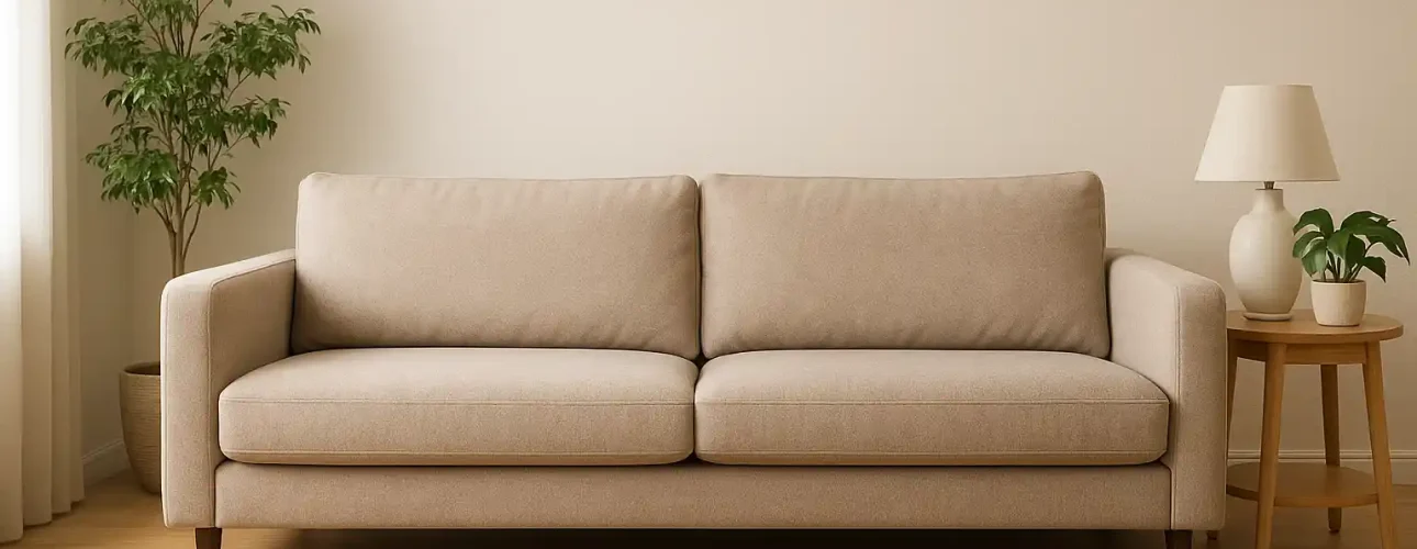 Een beige bank, een goede bank voor je vloerkleed, staat op een geweven vloerkleed in een minimalistische woonkamer. Links staat een kamerplant en rechts een rond houten bijzettafeltje met lamp en plantje. De wand en het decor zijn in neutrale tinten.