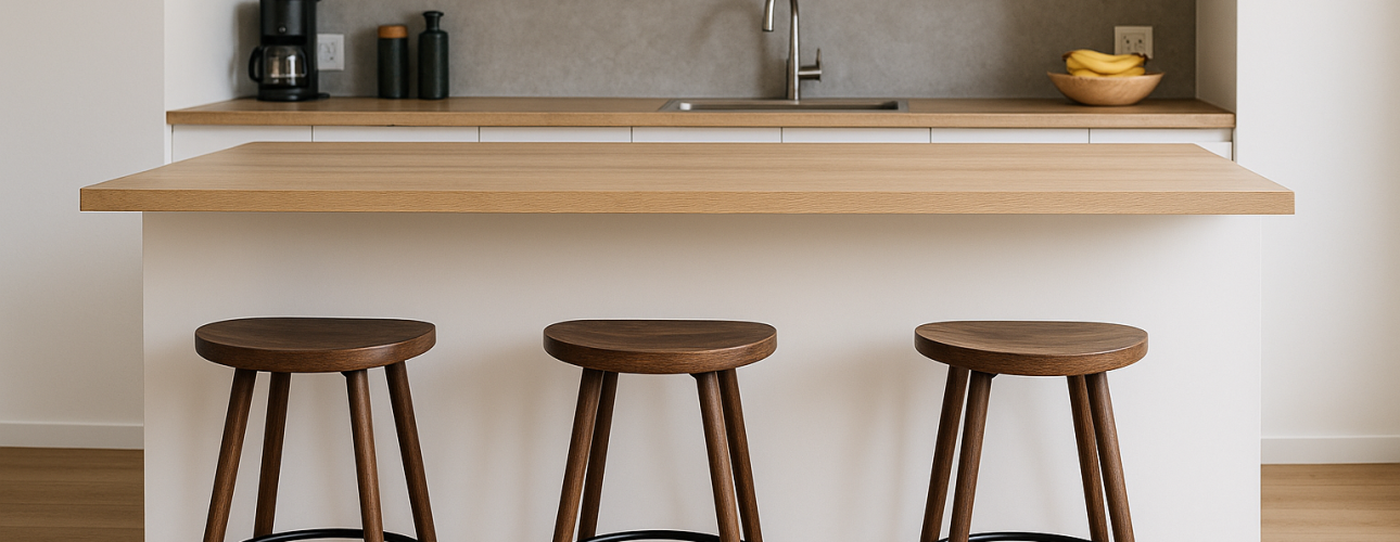 Een moderne keuken heeft een eiland met een licht houten aanrechtblad en drie houten barkrukken op goede barhoogte, een gootsteen, een koffiezetapparaat en schalen met bananen tegen een neutrale grijze achterwand. Witte kasten dragen bij aan de strakke, minimalistische look.