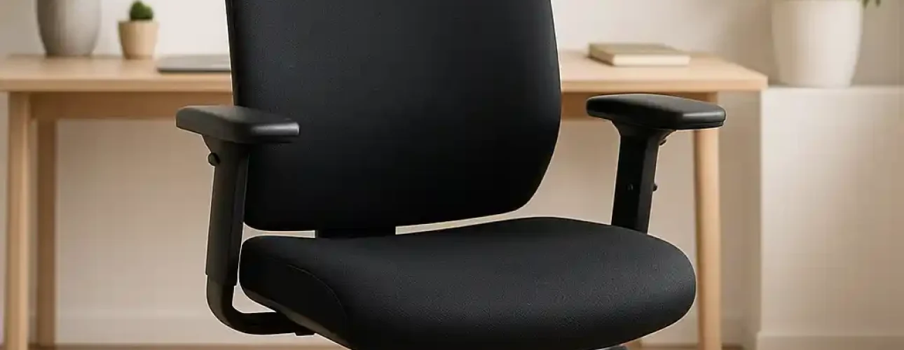 Een zwarte ergonomische goede bureaustoel volgens experts, met verstelbare armleuningen en hoofdsteun, staat op een houten vloer voor een licht houten bureau. Op de achtergrond staan kamerplanten tegen een witte muur.