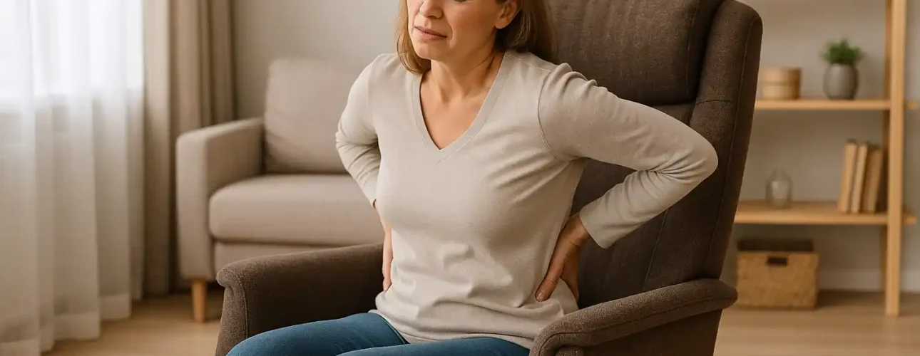 Een vrouw die binnen op een stoel zit, houdt haar onderrug met beide handen vast en heeft een gepijnigde uitdrukking, wat suggereert dat ze rugpijn heeft-een goede stoel bij rugklachten zou haar kunnen helpen.