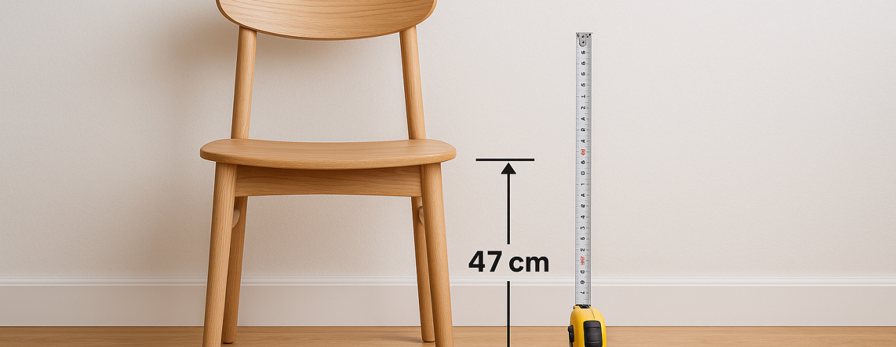 Een houten stoel staat naast een meetlint met een hoogte van 47 cm vanaf de vloer-de goede zithoogte voor een stoel. Beide zitten op een lichte houten vloer tegen een witte muur, met een pijl en tekst die de meting markeren.