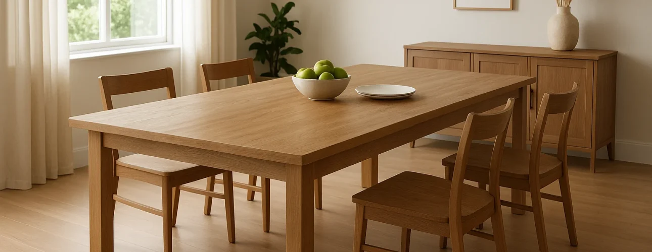 Een minimalistische eetkamer met een houten tafel die perfect is als je je afvraagt: "Wat is een grote eettafel voor een gezin?", vier stoelen, een schaal met groene appels en een bord op tafel, een dressoir op de achtergrond en natuurlijk licht door ramen met witte gordijnen.
