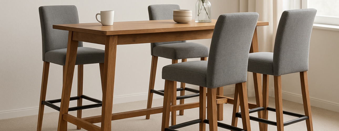 Een moderne eethoek met een houten tafel van hoge zithoogte, vier grijs gestoffeerde stoelen, een witte mok, twee gestapelde kommen en een glazen vaas met groen, tegen een lichtgekleurde muur en een raam met transparante gordijnen.