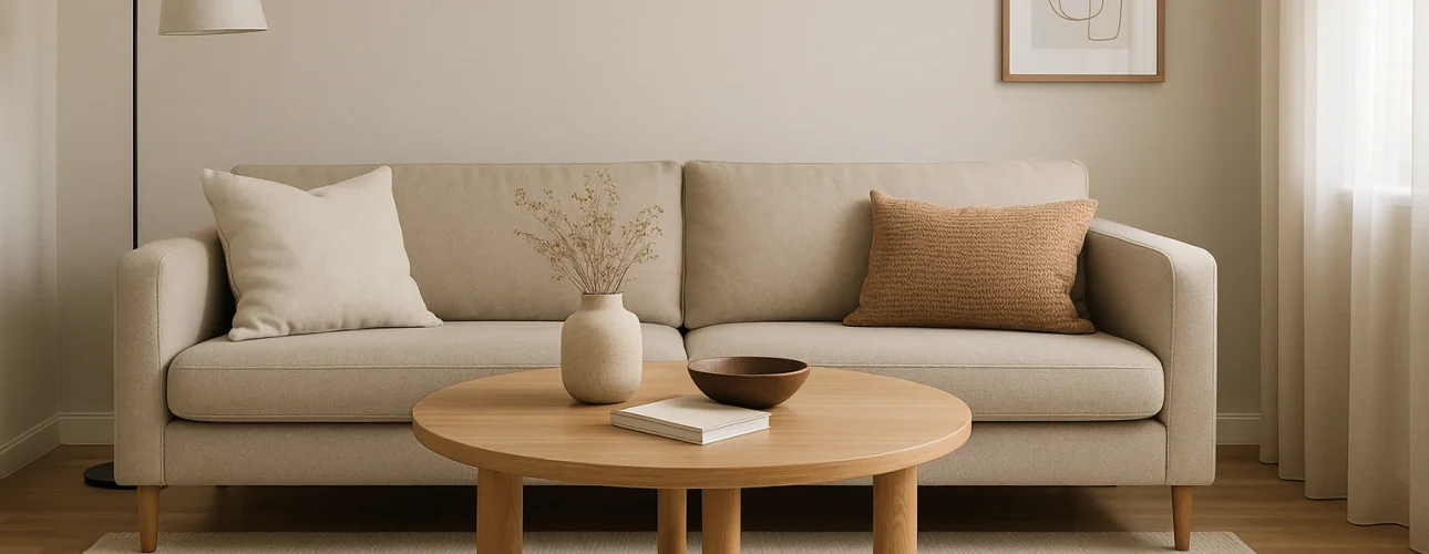 Een minimalistische woonkamer met een beige bank, twee neutrale kussens, transparante gordijnen en abstracte muurkunst heeft een ronde houten salontafel-een leuk antwoord op "Wat is een leuke salontafel"-gestyled met een vaas, schaal en boek voor een gezellig tintje.