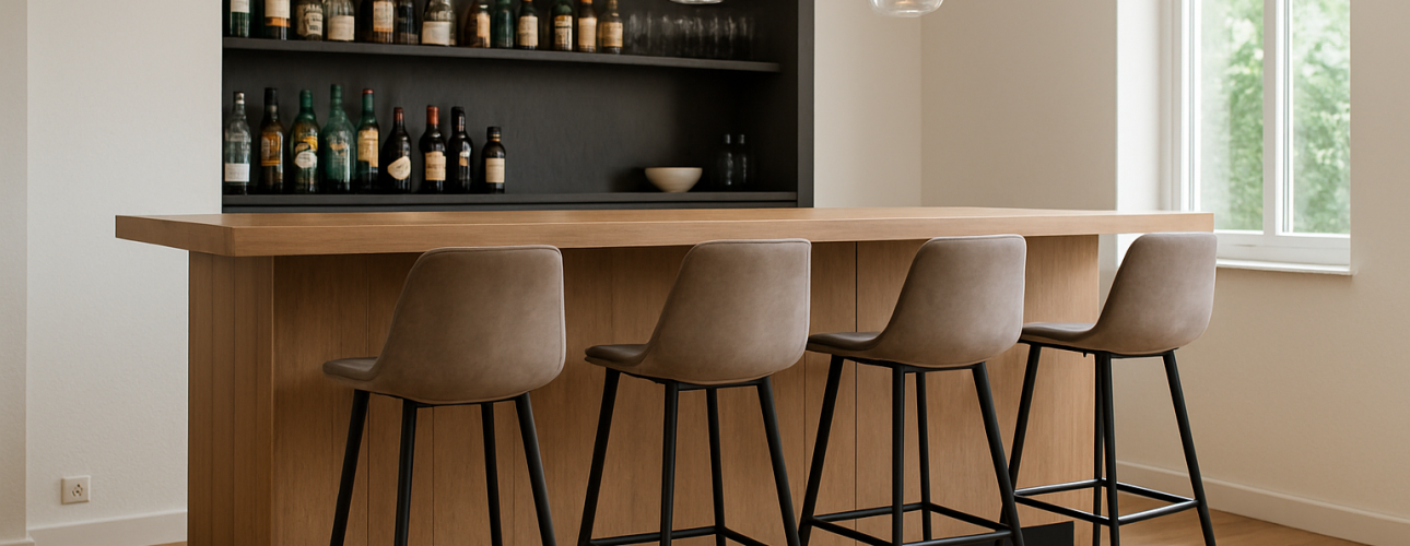 Een moderne huisbar met normale barhoogte heeft een houten toonbank, vier bruine barkrukken, hangende glazen hanglampen en planken met flessen en glazen. Een groot raam zorgt voor natuurlijk licht.