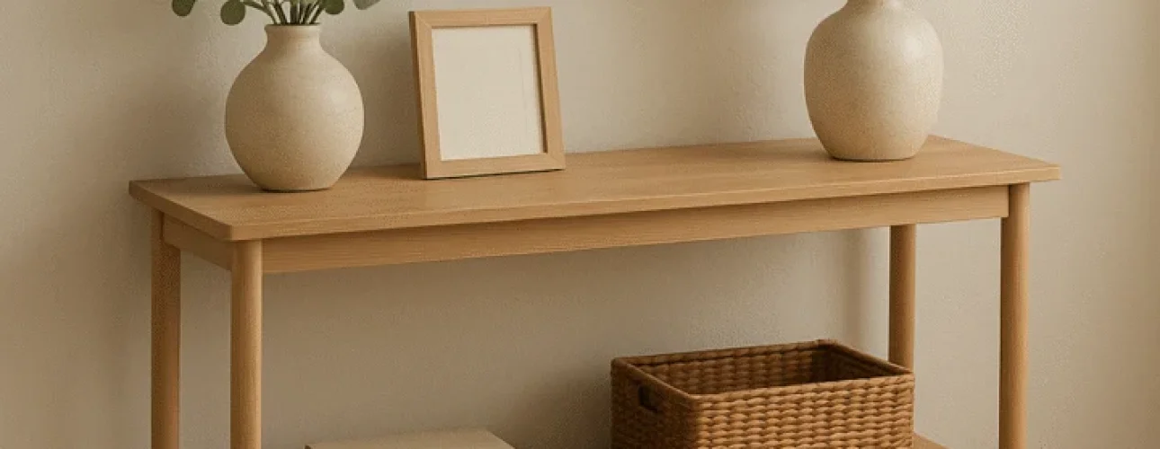 Een minimalistische houten consoletafel, perfect als bijzettafel, staat onder een ronde spiegel. Bovenop staan een vaas met groene bladeren, een lamp en een ingelijste foto; op de onderste plank staan een rieten mand en gestapelde boeken. Wat is een sidetable?.