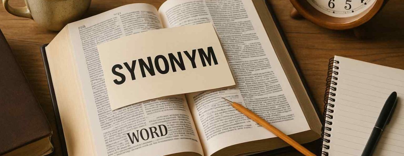 Bovenaanzicht van een open boek met het woord synoniem erop, een kop koffie, een notitieboek en een klok op een houten bureau in warme tinten.