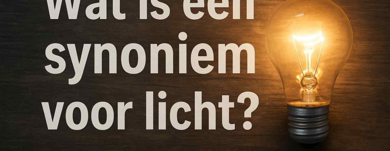Een gloeilamp naast de vraag Wat is een synoniem voor licht? op een donkerbruine houten achtergrond. Warm licht accentueert de vraag.