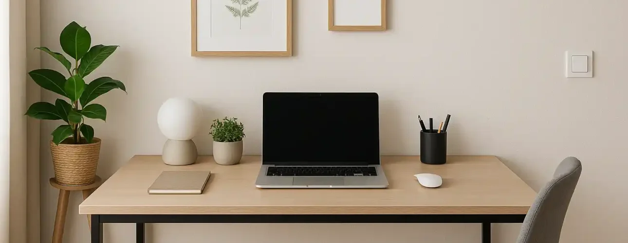 Minimalistische werkplek met een laptop, notitieblok, potplanten, lamp en schrijfgerei op een licht houten bureau. Het beste bureau voor thuiswerken wordt gecombineerd met een stoel en ingelijste botanische kunst voor een strakke, georganiseerde omgeving.