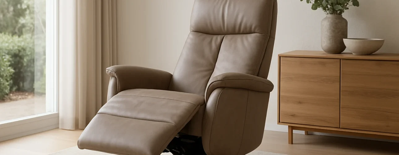 Een moderne bruine leren fauteuil met verlengde voetsteun staat op een beige vloerkleed naast een licht houten dressoir met vazen en een groene plant - perfect om te ontspannen of na te denken over wat het verschil is tussen een salontafel en een bijzettafel. Zonlicht valt door de transparante gordijnen.