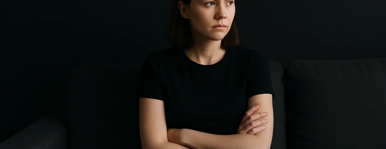 Een vrouw met steil bruin haar zit op een donkere bank tegen een zwarte achtergrond en draagt een zwart t-shirt. Met haar armen over elkaar en een nadenkende blik lijkt ze na te denken: wat is het effect van de kleur zwart op je?.