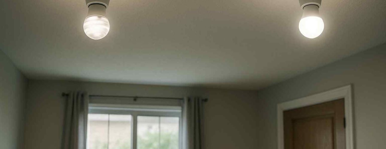 Twee LED-lampen aan een wit plafond in een kamer met een raam en een houten deur. Zachte, natuurlijke verlichting. Design elementen.