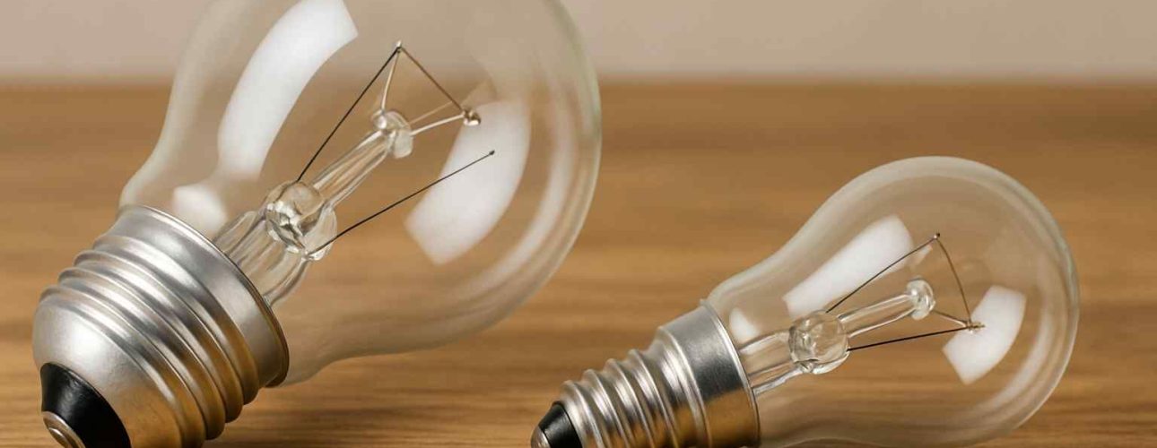 Twee heldere gloeilampen op een houten oppervlak. De ene lamp is groter dan de andere, met zilveren fittingen. Warm licht en een zachte achtergrond.