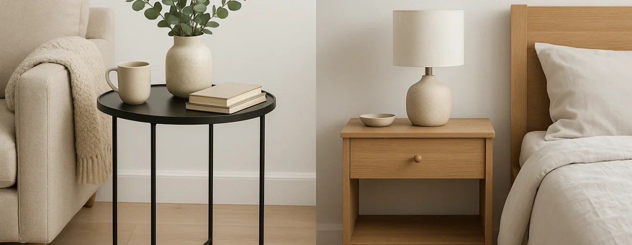 Een gezellige leefruimte met een beige sofa, een zwart rond bijzettafeltje-wat is het verschil tussen een bijzettafeltje en een nachtkastje? In de kamer staan ook boeken, een vaas met groen en vlakbij een slaapkamer met neutraal beddengoed en een houten nachtkastje.