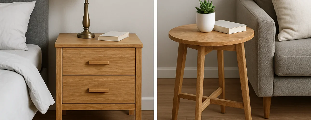 Naast elkaar zie je een houten nachtkastje met twee laden, een lamp en een boek bij een bed, en een ronde bijzettafel - die laat zien wat de functie van een bijzettafel in huis is - met een potplant en een boek naast een grijze bank.