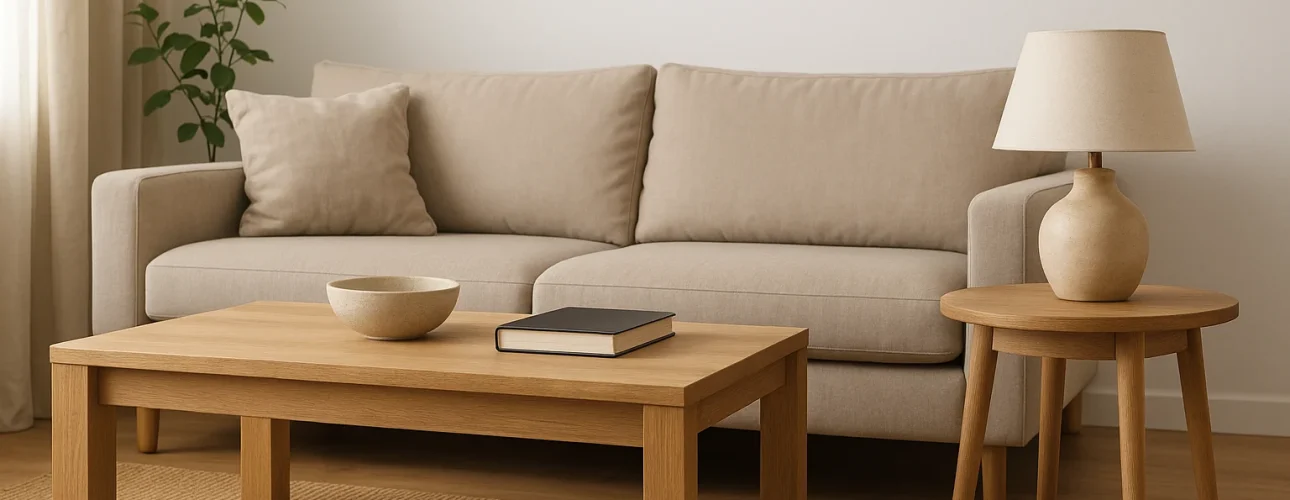 Een moderne woonkamer met een beige bank, een houten salontafel en een ronde bijzettafel met een lamp - die perfect laat zien wat de functie is van een bijzettafel in huis: extra oppervlakte binnen een minimalistische, neutraal getinte inrichting.