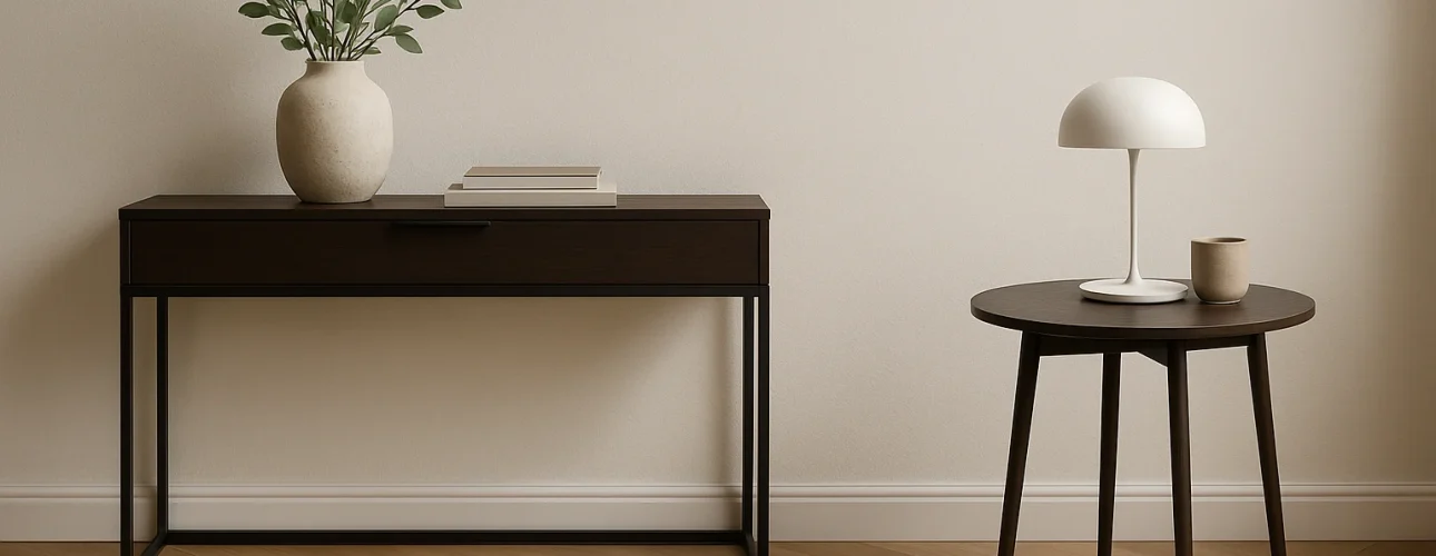 Een minimalistische kamer met een donkerhouten consoletafel - perfect voor wie zich afvraagt "wat is het verschil tussen sidetable en bijzettafel"- heeft een vaas met bladertakken en twee boeken, naast een ronde bijzettafel met een witte lamp en een kopje.
