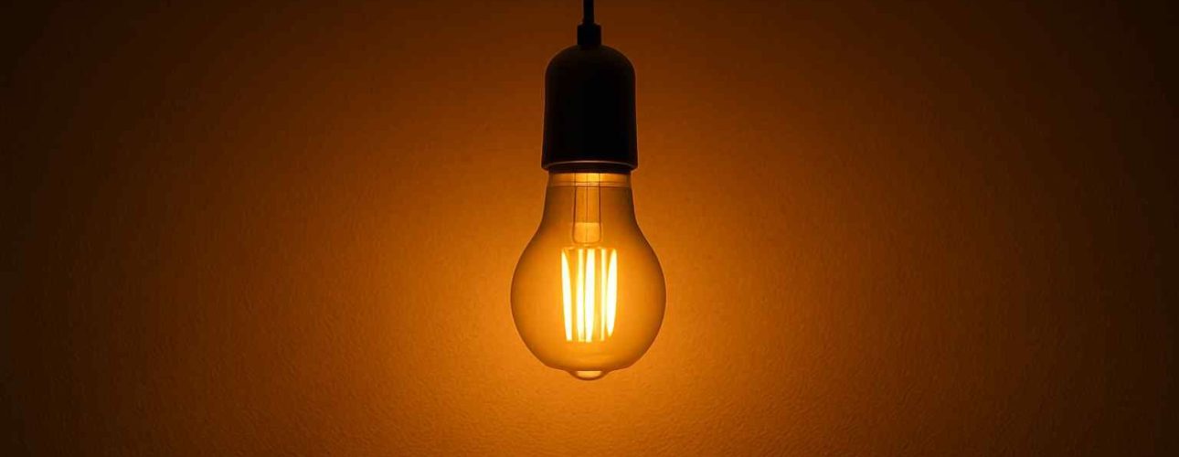 Gloeilamp met warm licht aan het plafond. De lamp heeft een moderne design uitstraling en geeft een sfeervolle verlichting.