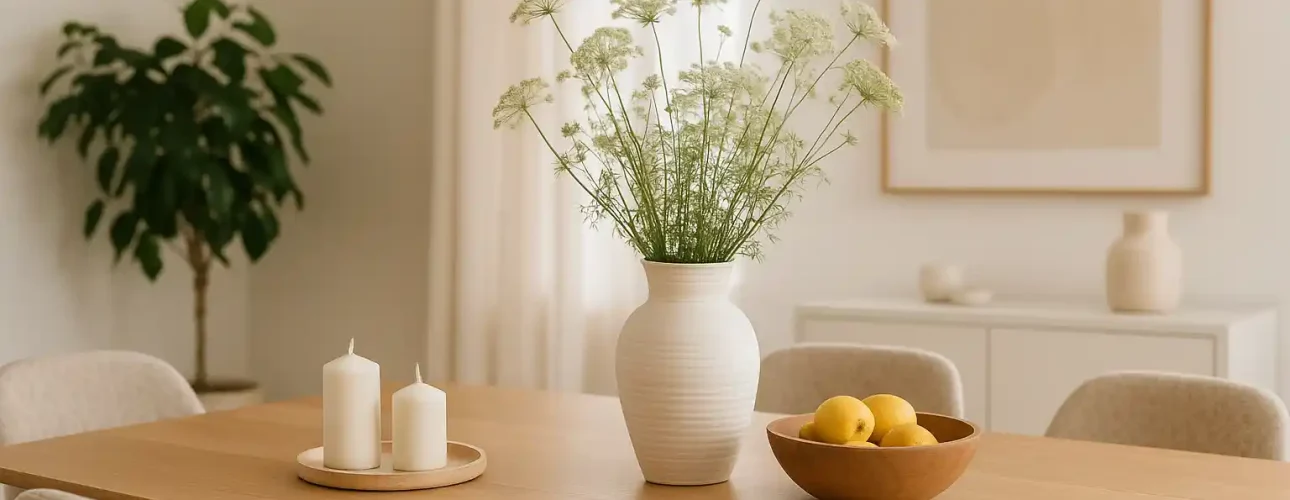 Een moderne eetkamer met een houten tafel gedekt met een witte vaas bloemen, twee witte pilaarkaarsen op een dienblad en een houten schaal met gele appels-ideaal voor wie zich afvraagt: wat is leuk om op de eettafel te zetten? Een minimalistische inrichting maakt het plaatje compleet.