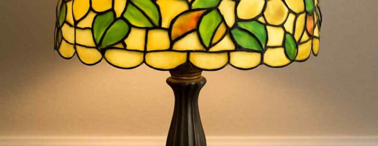 Gekleurde Tiffany lamp met bloemmotief op houten bureau. Geel glas en groene bladeren, warme verlichting. Design voor jouw woonkamer.