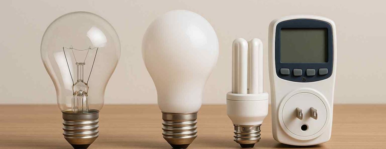 Drie gloeilampen en een energiemeter op een houten oppervlak. De lampen variëren in type, van helder tot wit. Zachte belichting.