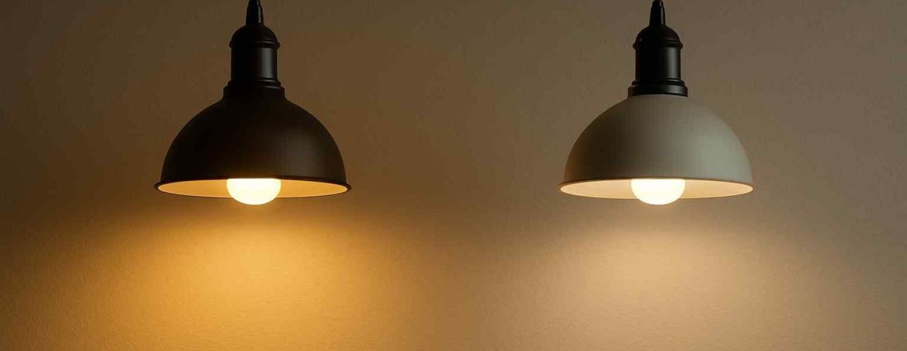 Twee hanglampen naast elkaar tonen het verschil in kleurtemperatuur, van warm 2700K tot koeler 3000K, voor een woonkamer design.