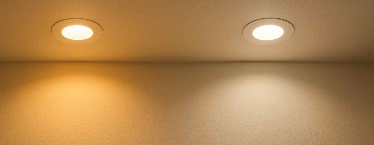 Twee plafondlampen met verschillend licht. De ene lamp geeft warm licht, de andere een koelere tint. Design element voor de woonkamer.