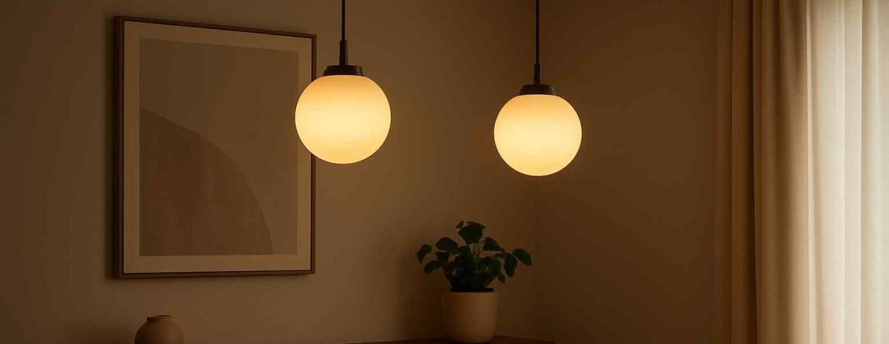 Twee bolvormige hanglampen met warm licht boven een houten dressoir en een comfortabele zitbank in een sfeervolle woonkamer.