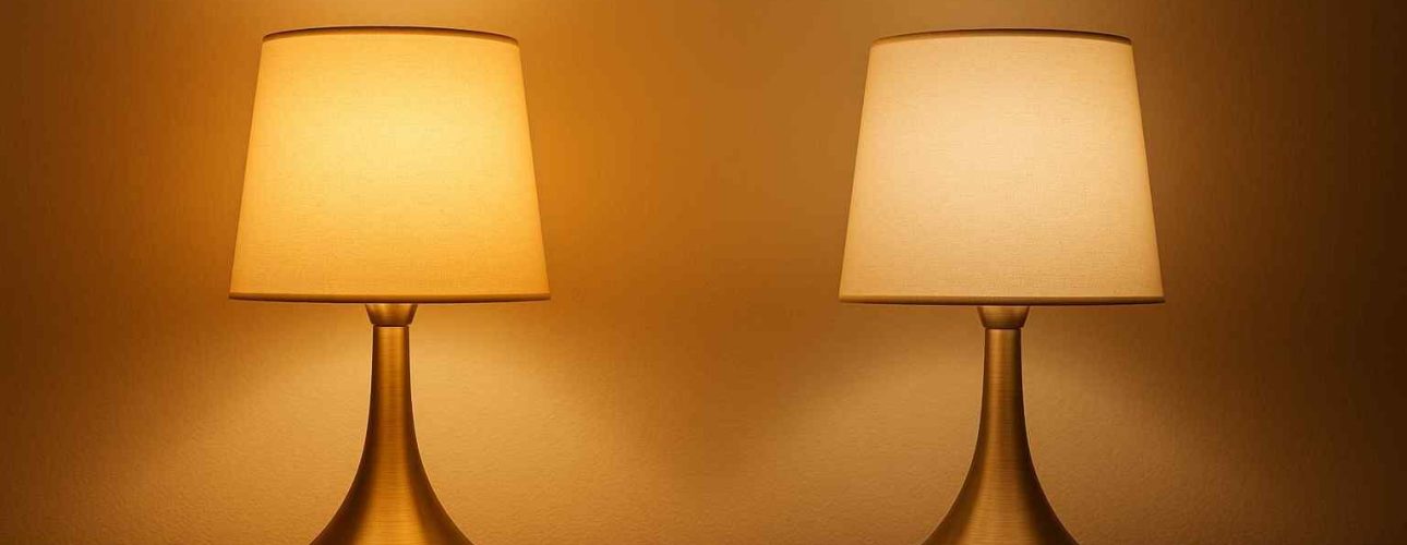 Twee tafellampen naast elkaar, de een met warmer licht dan de ander. Houten tafelblad en een warme achtergrondkleur. Design voor jouw woonkamer.