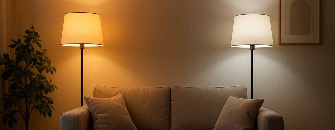 Woonkamer design met comfortabele zitbank. Twee lampen met verschillend licht: warm geel en koel wit. Houten tafel en plant in pot.