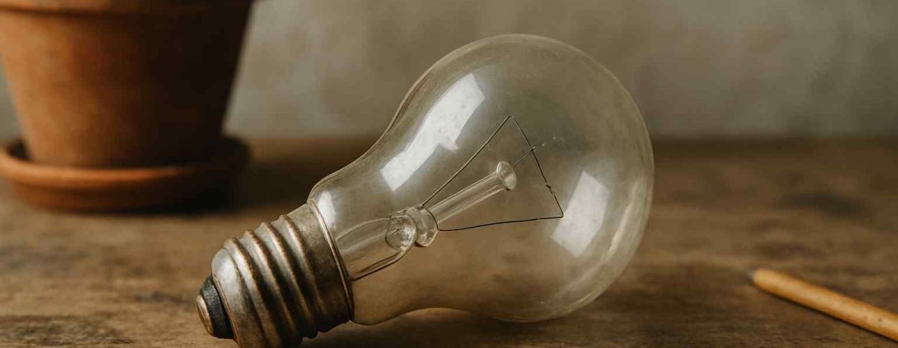 Close-up van een oude lamp op een houten tafel, met een bloempot op de achtergrond. Zachte, natuurlijke belichting en warme kleuren.