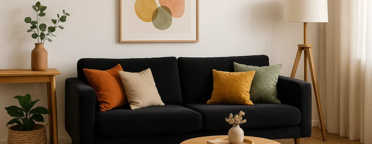 Een moderne woonkamer met een donkere bank, kleurrijke kussens en een geweven vloerkleed biedt inspiratie voor "Wat kan ik mooi combineren" met texturen en kleuren-van de ronde salontafel tot abstracte muurkunst en gezellige inrichting.