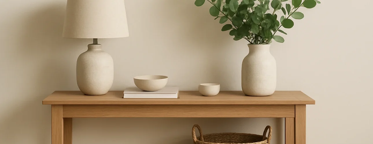 Een minimalistische houten consoletafel met een lamp, keramische schalen en een vaas met groene eucalyptustakken - de perfecte inspiratie als je je afvraagt "Wat kan ik op een sidetable zetten?". Een geweven mand op de onderste plank maakt de look compleet tegen een neutrale muur.