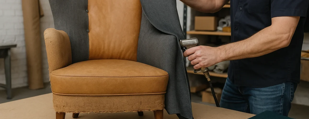 Een persoon herstoffeert een bruine fauteuil met grijze stof met behulp van een nietpistool. Bekledingsgereedschap, een schaar en een meetlint liggen op de tafel voor de stoel - perfect om te leren wat het verschil is tussen een salontafel en een bijzettafel. Planken en voorraden op de achtergrond.