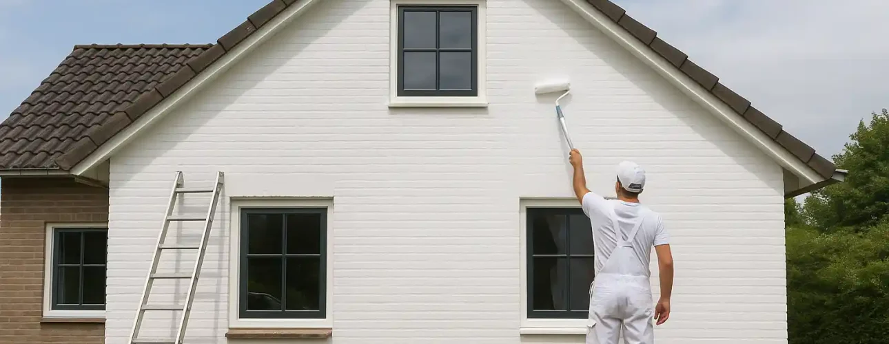Een persoon in een witte overall verft de buitenmuur van een huis wit met een roller. Er staat een ladder tegen het huis en een verfemmer staat op een droogdoek terwijl ze nadenken: wat kost het om een huis wit te schilderen?.