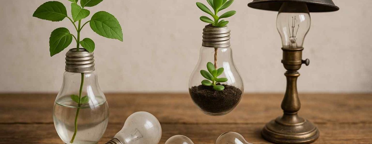 Nog steeds leven in oude lampen. Planten in glazen lampen op houten tafel, lamp met zwarte kap. Creatief design, natuurlijk licht en warme kleuren.