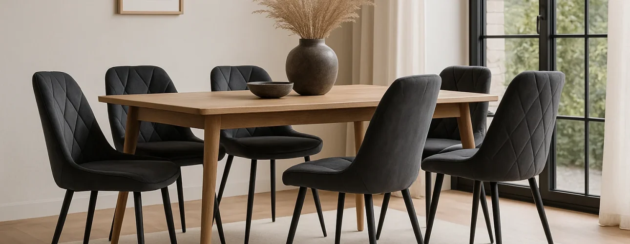 Een moderne eetkamer met een lichte houten tafel, zes wat maakt antraciet grijze eetkamerstoelen met kussens, een donkere vaas met gedroogd pampagras, een schaal, een licht vloerkleed, ingelijste muurkunst en grote ramen met uitzicht op de tuin.