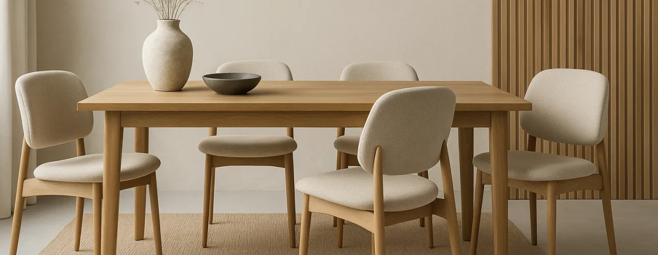Een minimalistische eetkamer met een lichthouten tafel, zes wat maakt beige eetkamerstoelen elegant gestoffeerde stoelen, een grote keramieken vaas met gedroogde bloemen, een donkere schaal en een beige vloerkleed op een lichte vloer; neutrale muren met verticale houten lambrisering aan de rechterkant.